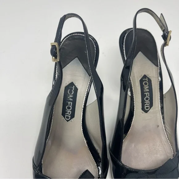 Tom Ford Black patent leather with bow sling back heels sz 40